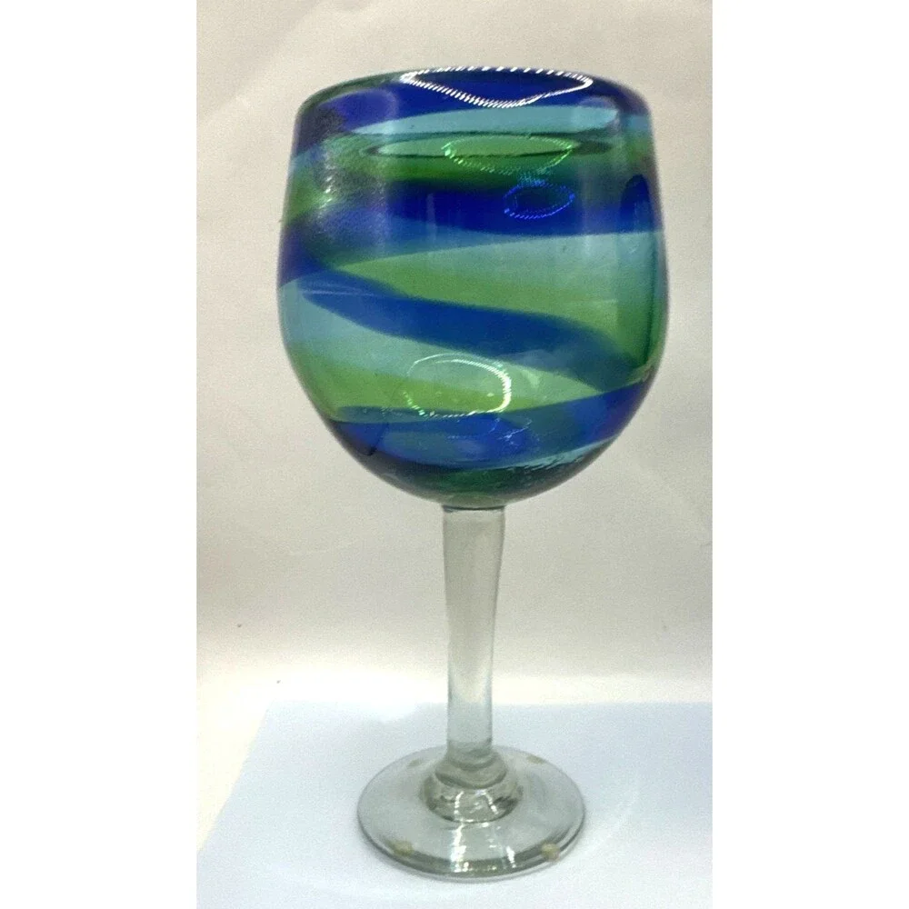 Jan Barboglio Hand Blown Swirl Wine Glasses Set of 3 Blue Green Clear